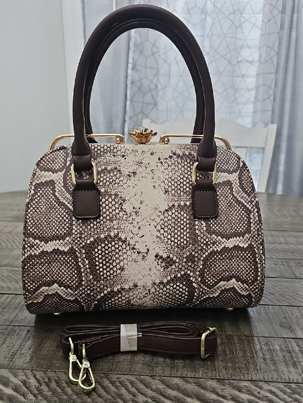 Structured Snake-Print Satchel Handbag in Brown and Cream